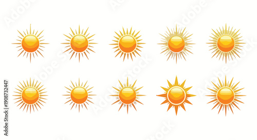 Collection of ten radiant sun illustrations with varying ray designs.
