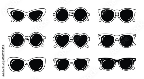 Collection of Nine Diverse Hand-Drawn Sunglasses Styles.