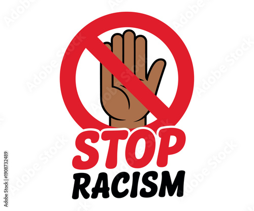 A powerful anti-racism symbol with a raised hand and stop sign on a white background