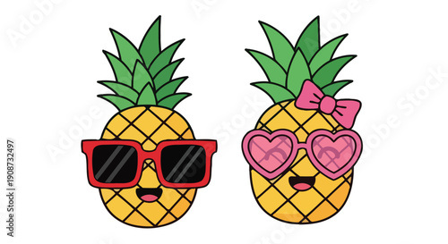 Cute Cartoon Pineapple Couple Wearing Sunglasses.