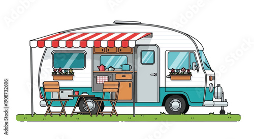 Charming Retro Camper Van with Outdoor Seating Area.