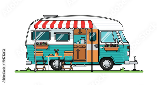 Vintage Camper Van with Awning and Outdoor Seating.