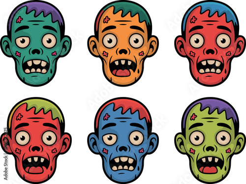 A set of cartoon zombie heads in different colors and expressions on a white background