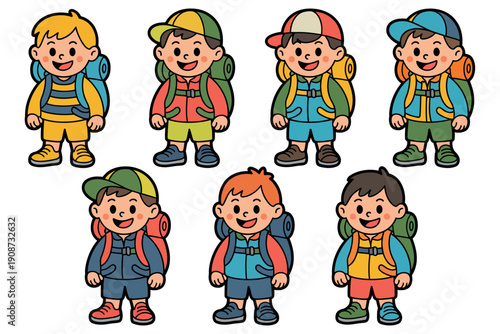 A group of happy cartoon boys wearing backpacks and standing in different poses on a white background