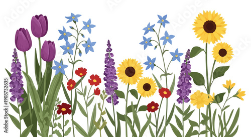 Vibrant Garden Display of Assorted Blooming Flowers.