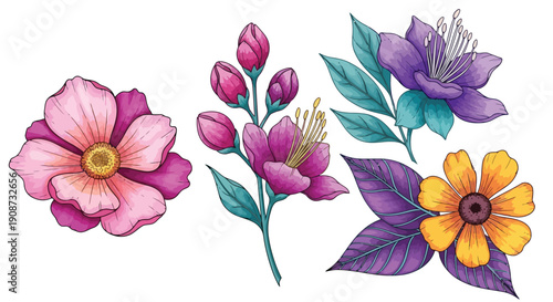 Watercolor floral elements with vibrant colors and delicate petals.