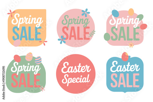 A collection of colorful spring and Easter sale stickers on a white background