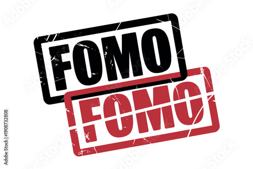 A graphic design featuring two FOMO stamps in black and red on a white background
