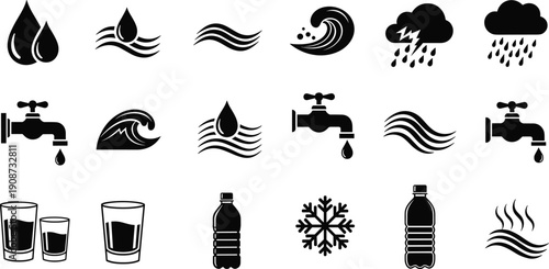 Vector collection of water and weather line icons including droplets, waves, rain clouds, faucets, water bottles, drinking glasses and snowflakes.