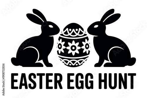 A black and white Easter egg hunt logo featuring two bunnies and a decorated egg