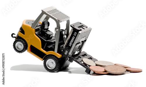 Φωτογραφία oy Forklift Tipping Over Under the Weight of British Coins; Concept for Financial Risk, Business Debt, and Economic Inflation