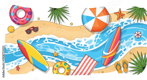 Vibrant Summer Beach Scene with Recreational Items.