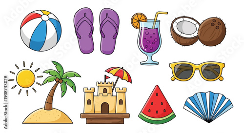 Collection of Summer Vacation and Beach Icons.