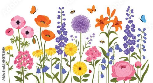 Vibrant Meadow Garden with Diverse Blooming Flowers and Insects.