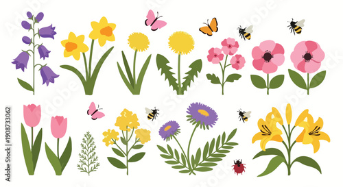 Collection of Spring Flowers and Insects Illustration.