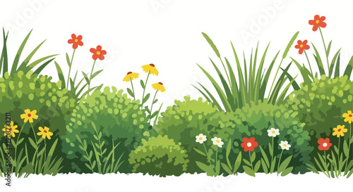 Vibrant Garden Border with Lush Greenery and Colorful Blooms.