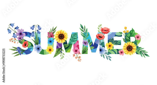 Beautiful Summer Word Art with Floral Decorations.