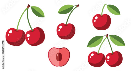 Collection of Fresh Red Cherries with Green Leaves.