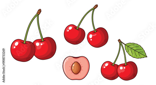 Vibrant Red Cherries with Green Stems and Leaf.