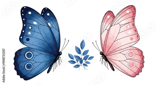 Two Beautiful Butterflies Blue and Pink Side by Side.