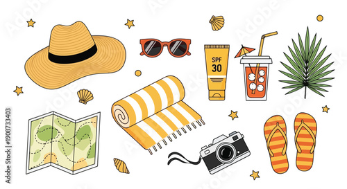 Summer Vacation Essentials Collection for Beach Getaway.