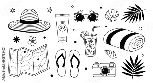 Summer Vacation Essentials Collection Hand Drawn Style.