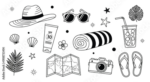 Summer Vacation Essentials Collection Hand Drawn Illustration.