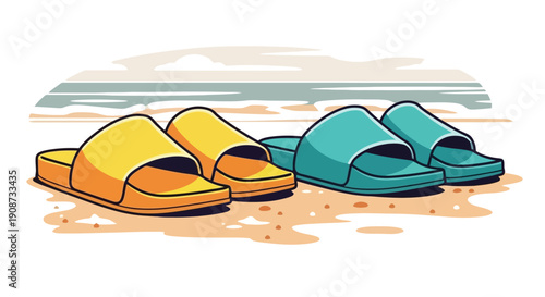 Pair of colorful beach slides on sandy shore.