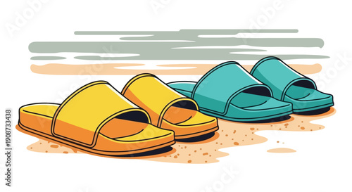 Two Pairs of Colorful Slide Sandals on Sand.