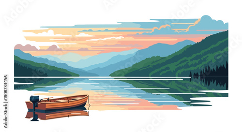 Small Orange Boat with Outboard Motor on Calm Water.