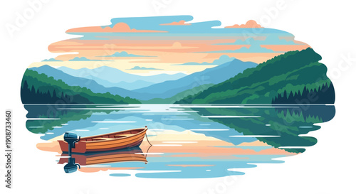 Small Wooden Boat Floating Calmly on Serene Lake.