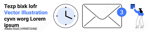 Email notifications, time management, productivity, digital communication, task management, organization. A clock, envelope with a notification and user interacting. Email notifications and time