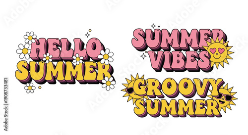 Retro Summer Vibes Groovy Hello Summer Text Designs.