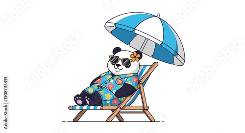 Cute Panda Relaxing on Beach Chair Under Umbrella.