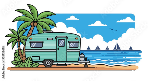 Vintage Camper Trailer on Tropical Beach Scene.