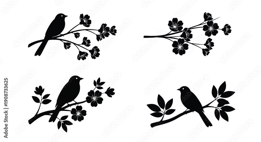 Fototapeta premium Set of Four Black Bird Silhouettes on Branches.