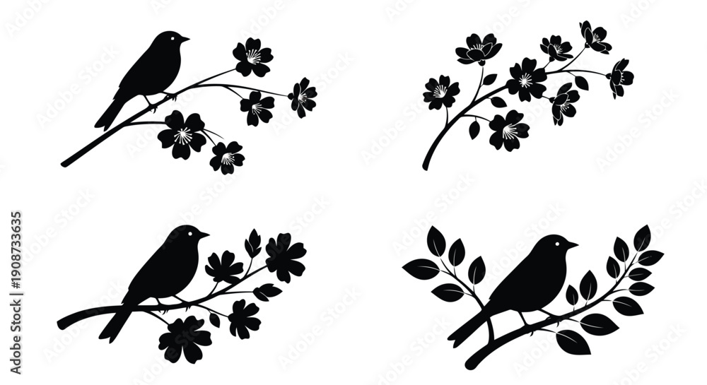 Fototapeta premium Set of Four Black Silhouettes of Birds on Branches with Flowers and Leaves.