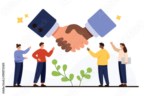 Two diverse hands shaking symbolizing agreement, teamwork, and successful business partnership with group of people celebrating cooperation and deal isolated on white background vector illustration