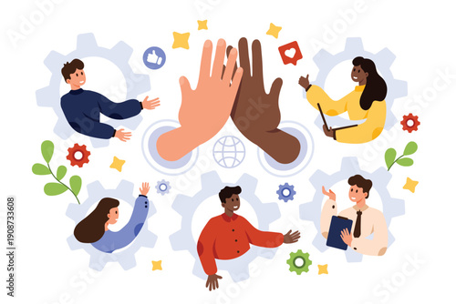 Business people of different backgrounds celebrating teamwork, partnership, and agreement with high five gesture, surrounded by gears and icons, isolated on white background vector illustration