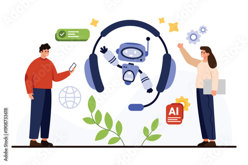 Friendly robot with headset provides AI tech support to users, symbolizing artificial intelligence assistance, customer service, and digital communication vector illustration