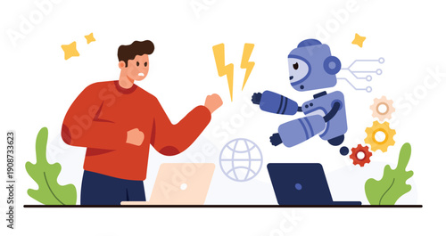 Man faces off against robot symbolizing AI risk and workplace competition, highlighting technology impact on jobs, automation, and future employment vector illustration