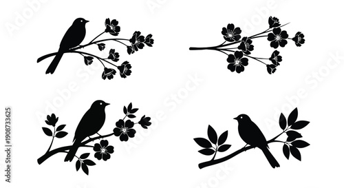 Set of Four Black Bird Silhouettes on Branches.