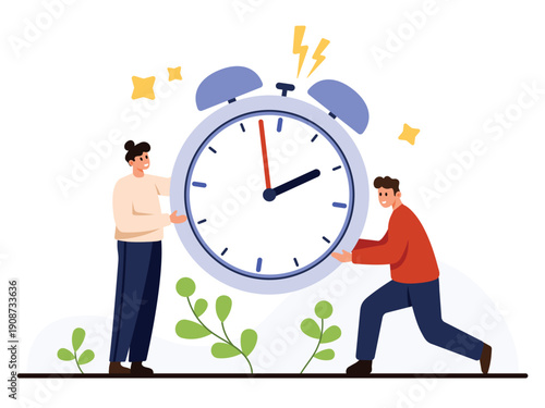 Concept of time management teamwork and productivity with two people holding a big alarm clock for business planning, organization isolated on white background vector illustration