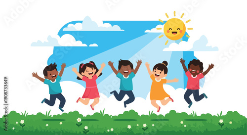 Diverse group of happy children jumping joyfully outdoors.
