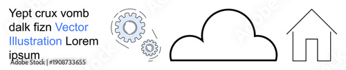 Cloud computing, automation systems, technology integration, smart home designs, innovation, network solutions. Two gears, cloud outline and house symbol. Cloud computing and automation systems