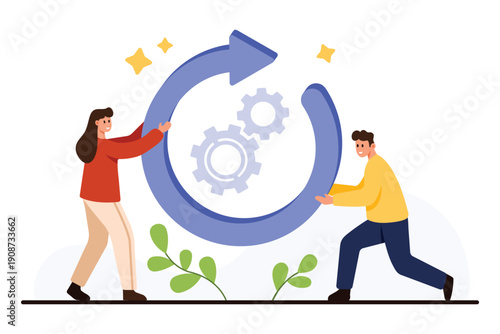 Business people collaborating to reload or refresh process symbolized by large arrow and gears concept for teamwork workflow improvement isolated on white background vector illustration