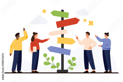 Group of diverse people discussing choices at a colorful road signpost symbolizing decision making, direction, and teamwork on an isolated on white background vector illustration