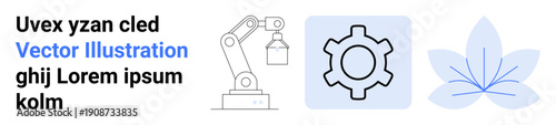 Robotic arm lifting an object, cogwheel symbol inside a square, and abstract floral outline. Ideal for automation, technology, engineering, nature, environment, design simple landing page