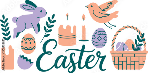 A colorful Easter graphic with a bunny, bird, eggs, and basket on a white background