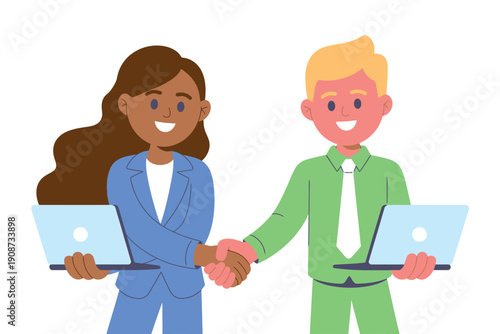 Two business professionals shaking hands with laptops in a partnership agreement
